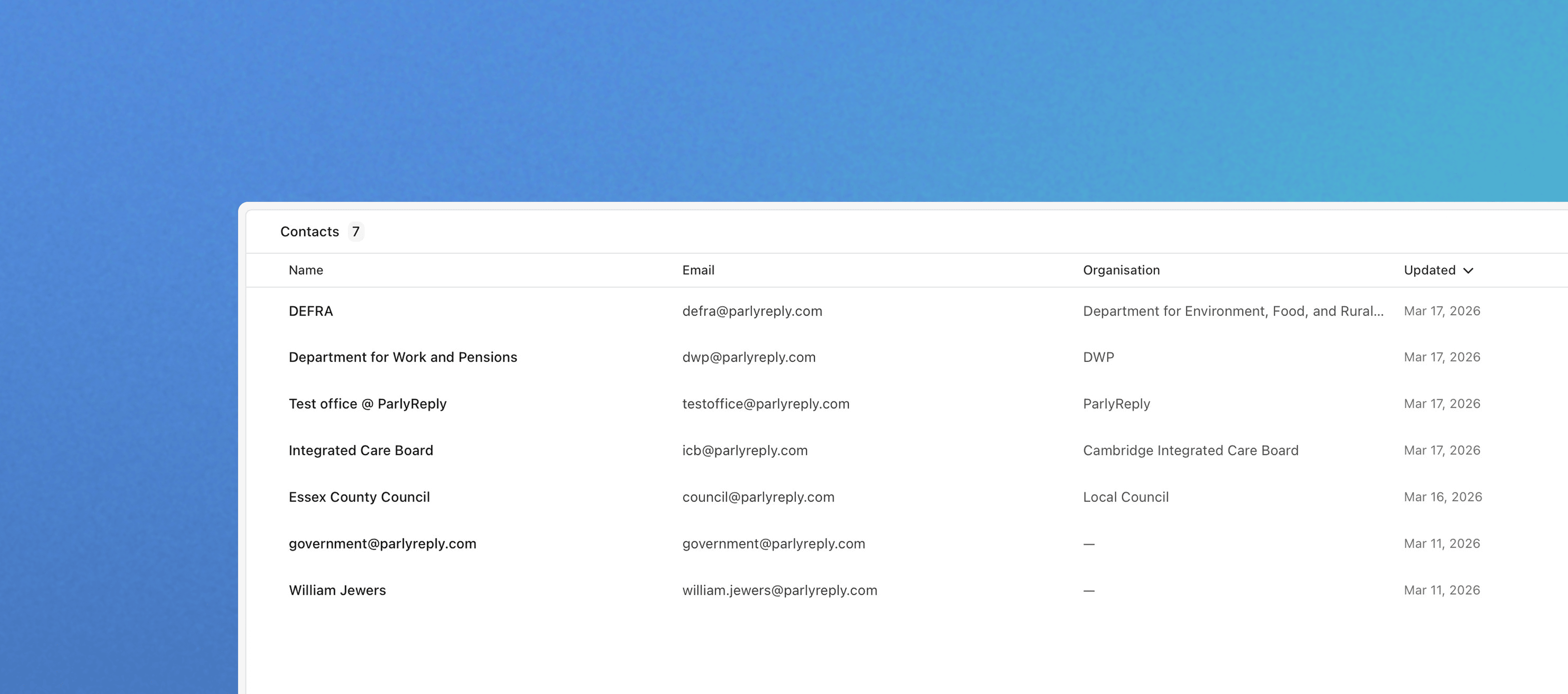 Screenshot of Contacts in ParlyReply