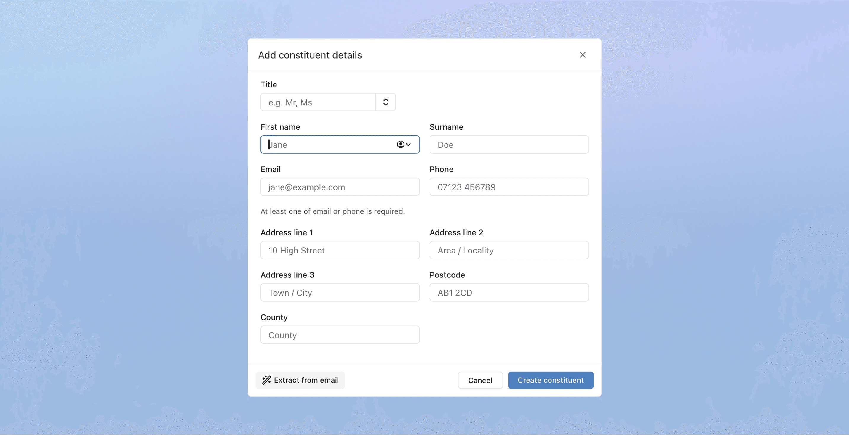 Add constituent dialog in ParlyReply with an option to extract details from email