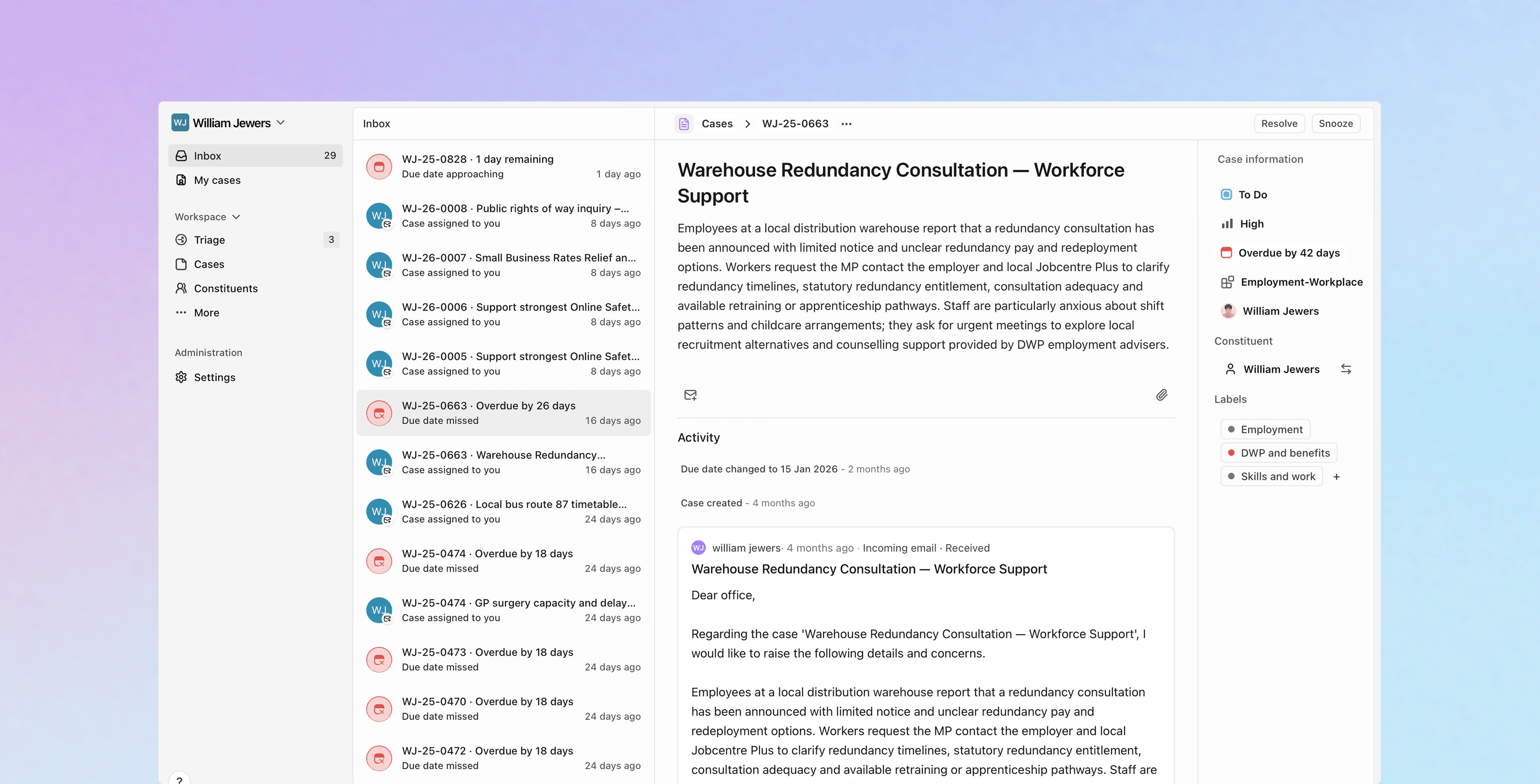 Screenshot of ParlyReply casework cycles
